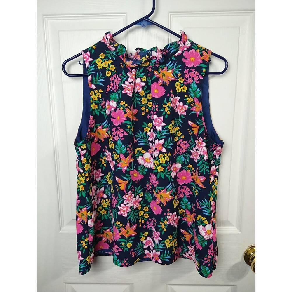 J. Crew Woman M High Ruffle Neck Floral Sleeveless Tank Keyhole Pullover
